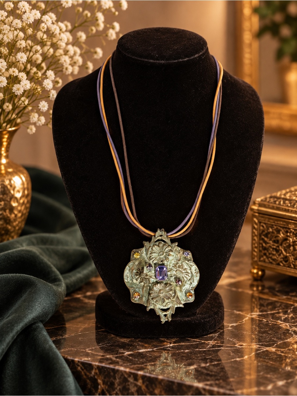 Olive Patina Solid Brass Zinnias Floral Pendant by Elaine Coyne necklace